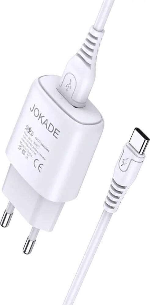 Зарядное устройство Jokade JB015 Fast Charging, сетевой адаптер USB Type-A 5V 2.4A с кабелем USB - Type-C, универсальное 100-240В, компактное, белый