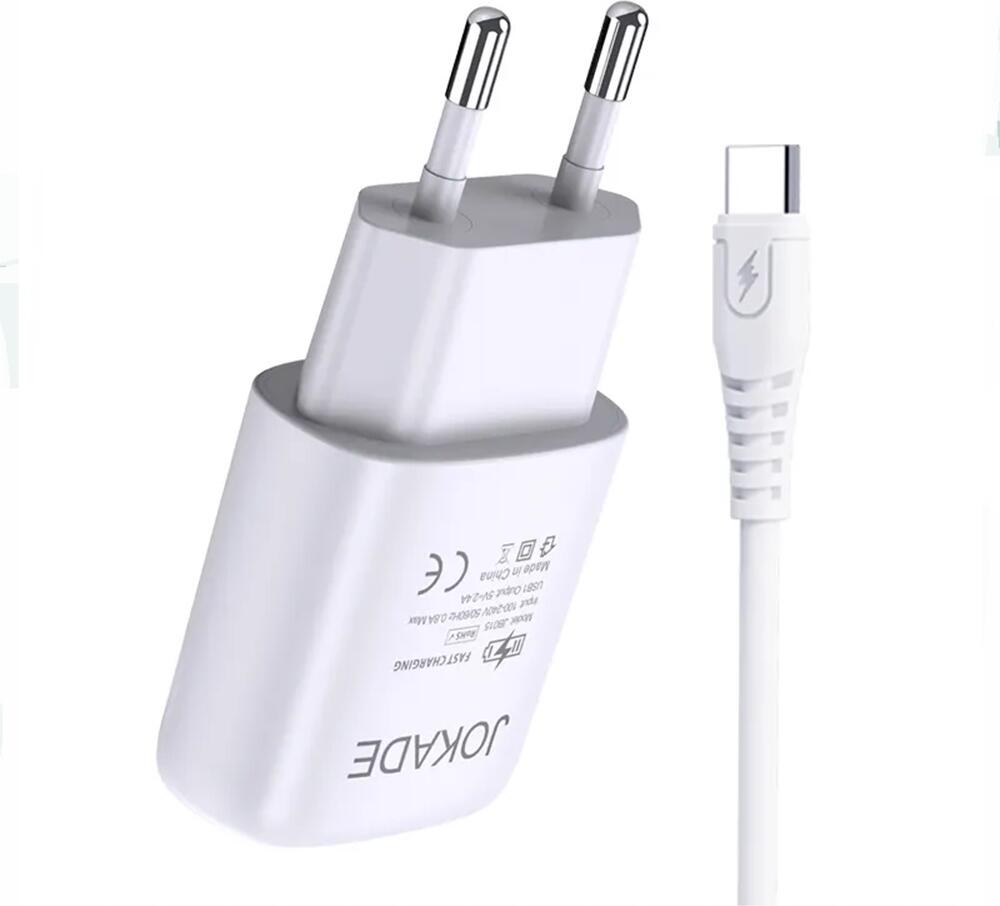 Зарядное устройство Jokade JB015 Fast Charging, сетевой адаптер USB Type-A 5V 2.4A с кабелем USB - Type-C, универсальное 100-240В, компактное, белый