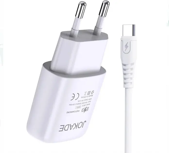 Зарядное устройство Jokade JB015 Fast Charging, сетевой адаптер USB Type-A 5V 2.4A с кабелем USB - Type-C, универсальное 100-240В, компактное, белый