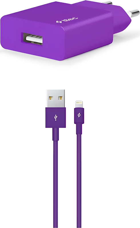ttec Smart Travel Wall Charger with USB to Lightning Cable, 2.4A Fast Charging, EU Plug, 1.2m Cable, Purple, Smart Chip Device Detection
