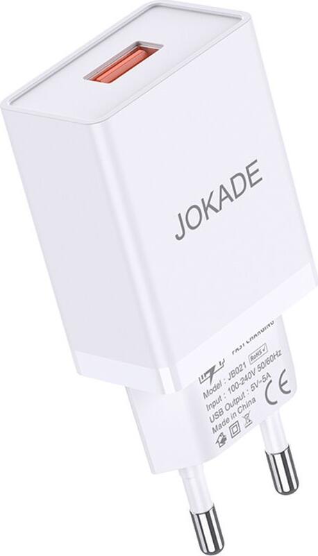 Jokade JB022 USB Wall Charger, 5V 5A Output, EU Plug, White, with USB to Micro-USB Cable, Overvoltage and Overcurrent Protection, CE RoHS Certified