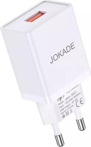 Încărcător de perete USB Jokade JB022, Încărcare Rapidă 5V 5A, Alb, cu Cablu USB la Type-C, Protecție Supratensiune, Design Compact și Portabil