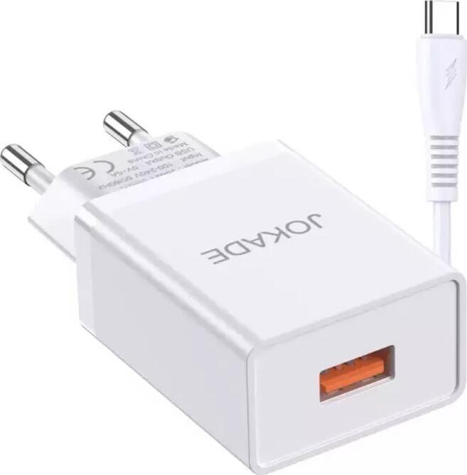 Încărcător de perete USB Jokade JB022, Încărcare Rapidă 5V 5A, Alb, cu Cablu USB la Type-C, Protecție Supratensiune, Design Compact și Portabil