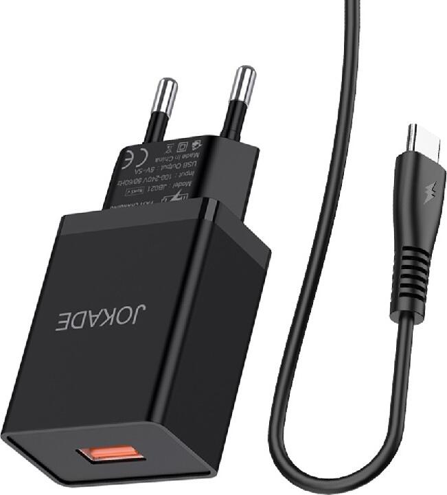 Набор из 2 предметов Быстрое Зарядное Устройство Jokade JB022, Сетевой Адаптер USB Type-A 5V-5A с Кабелем USB - Lightning, Вилка EU, Защита от Перенапряжения, Черный
