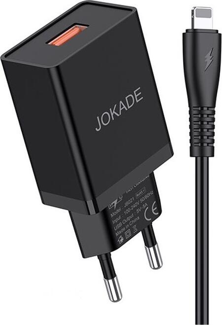 Набор из 2 предметов Быстрое Зарядное Устройство Jokade JB022, Сетевой Адаптер USB Type-A 5V-5A с Кабелем USB - Lightning, Вилка EU, Защита от Перенапряжения, Черный