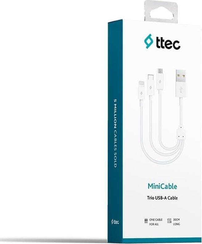 Cablu USB 3-in-1 ttec Trio, USB-A la Lightning, Type-C si Micro-USB, Incarcare Rapida 2.1A, 1.2m, Negru Mat cu Elemente de Aluminiu