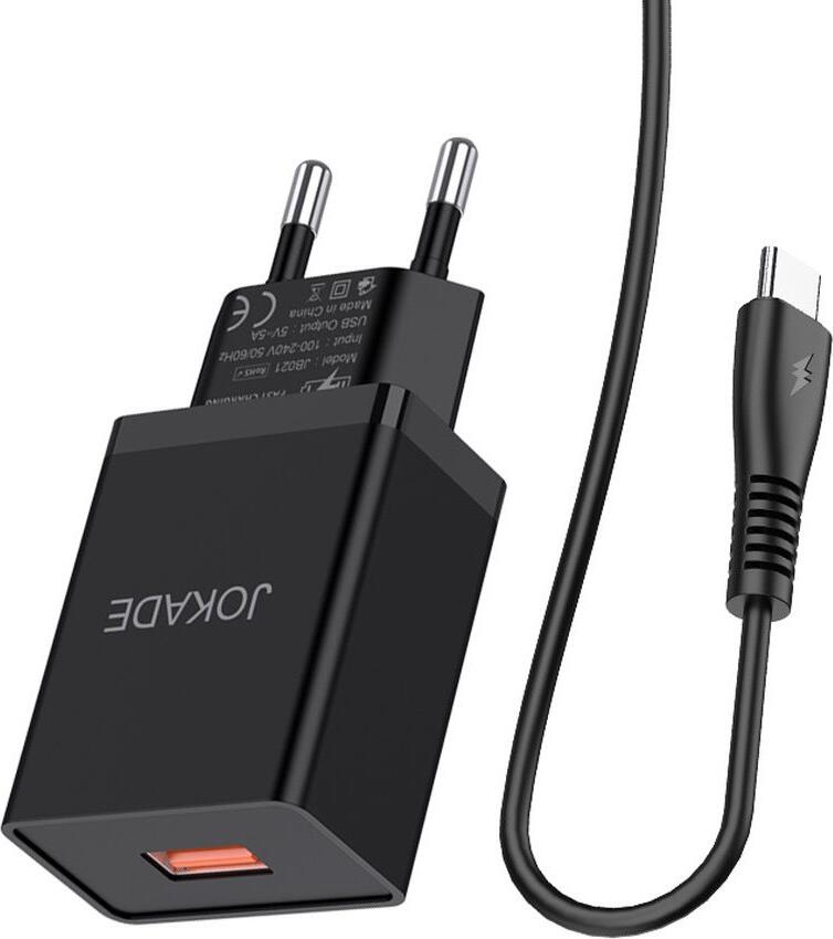Jokade JB022 Fast Charging Wall Charger, 5V-5A Single USB Port, EU Plug, Black, with USB to Type-C Cable, Set of 2 Pieces