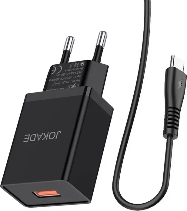 Jokade JB022 Fast Charging Wall Charger, 5V-5A Single USB Port, EU Plug, Black, with USB to Type-C Cable, Set of 2 Pieces