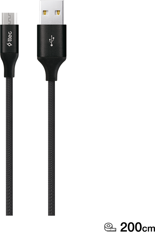 ttec AlumiCable XL Micro USB Cable, USB-A to Micro-USB, 2m, 2.4A Fast Charging and Data Sync, Braided Matte Black Aluminum Housing