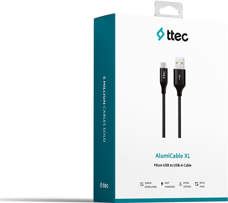ttec AlumiCable XL Micro USB Cable, USB-A to Micro-USB, 2m, 2.4A Fast Charging and Data Sync, Braided Matte Black Aluminum Housing