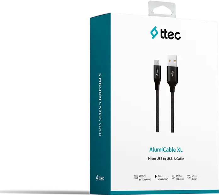 ttec AlumiCable XL Micro USB Cable, USB-A to Micro-USB, 2m, 2.4A Fast Charging and Data Sync, Braided Matte Black Aluminum Housing