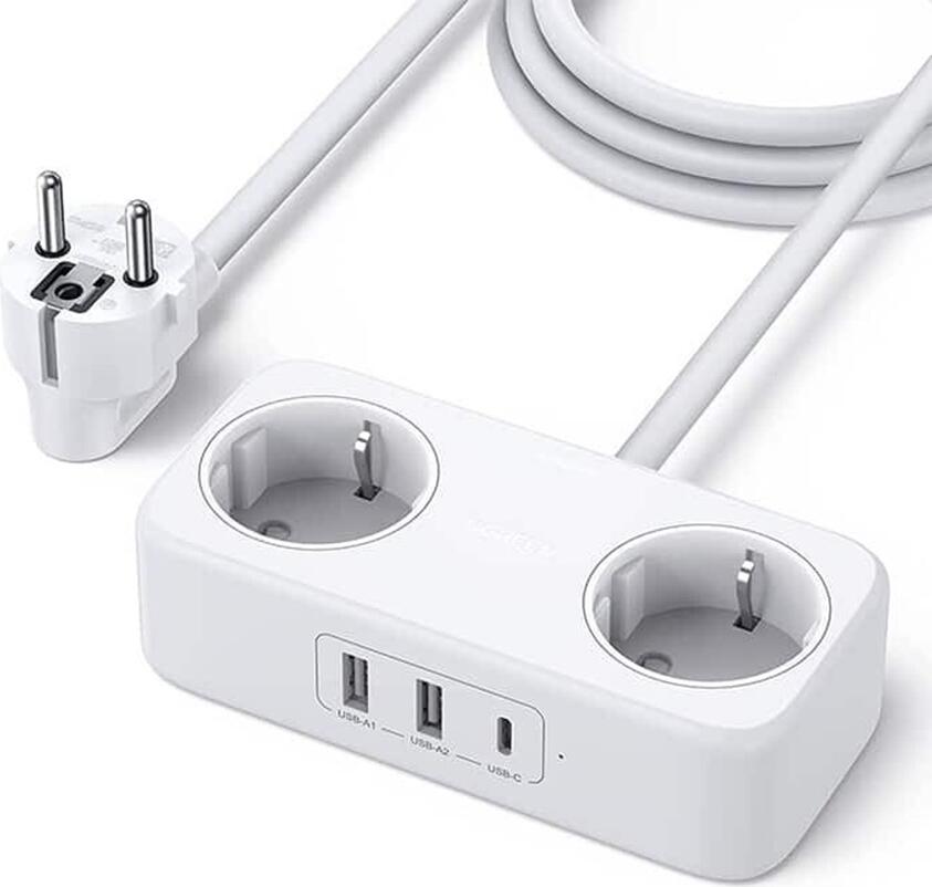 Prelungitor Ugreen CD280 DigiNest Life, 2 Prize EU Schuko 4000W, 3 Porturi USB (1x USB-C PD 30W, 2x USB-A), Cablu 1.8m, Material PC-V0 Ignifug, Alb
