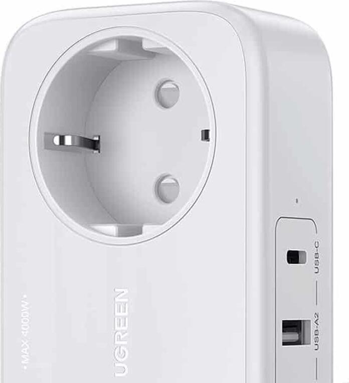 Prelungitor Ugreen CD280 DigiNest Life, 2 Prize EU Schuko 4000W, 3 Porturi USB (1x USB-C PD 30W, 2x USB-A), Cablu 1.8m, Material PC-V0 Ignifug, Alb