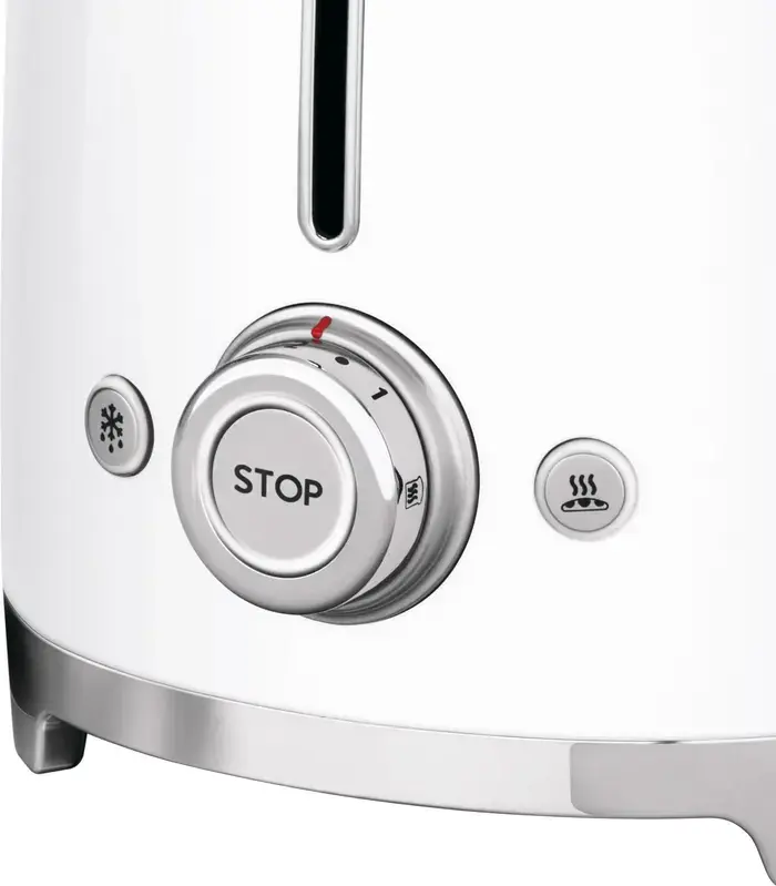 Тостер Smeg TSF02WHEU в стиле 50-х, белый, 1500 Вт, 2 экстрашироких слота для 4 ломтиков, 6 уровней обжарки, функции разморозки, разогрева и бейгла