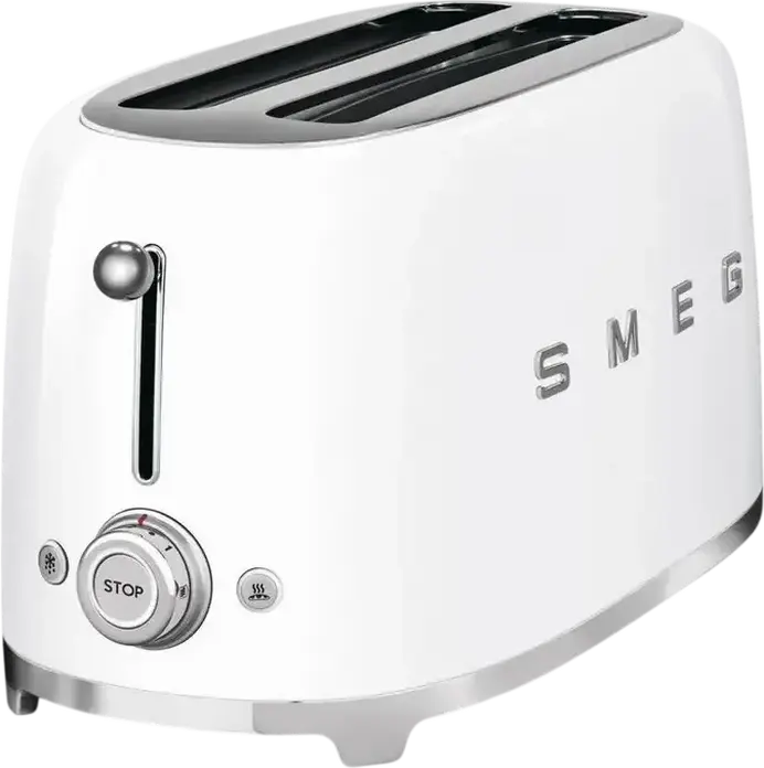 Тостер Smeg TSF02WHEU в стиле 50-х, белый, 1500 Вт, 2 экстрашироких слота для 4 ломтиков, 6 уровней обжарки, функции разморозки, разогрева и бейгла