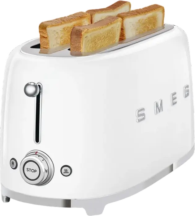 Тостер Smeg TSF02WHEU в стиле 50-х, белый, 1500 Вт, 2 экстрашироких слота для 4 ломтиков, 6 уровней обжарки, функции разморозки, разогрева и бейгла