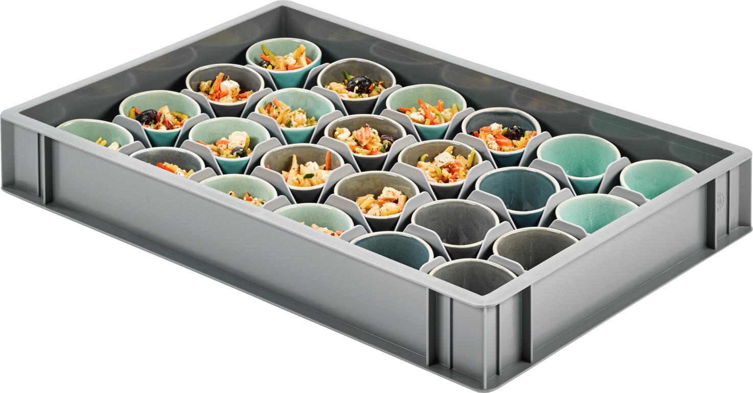 Container stivuibil Ringoplast System Catering pentru inserturi, polietilena HDPE intariuta, Gri, 60x40x9.1 cm, sigur pentru alimente, Made in Germany