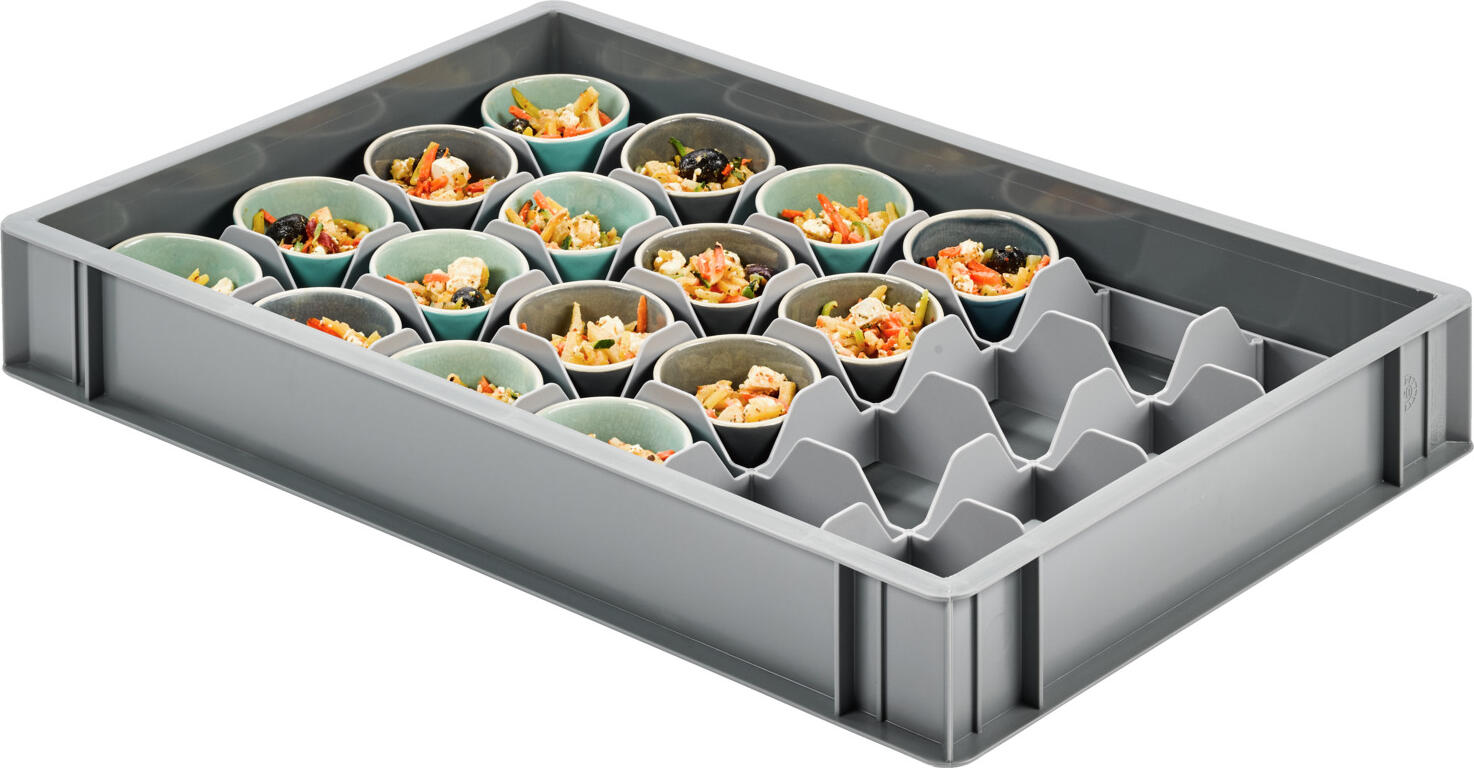 Container stivuibil Ringoplast System Catering pentru inserturi, polietilena HDPE intariuta, Gri, 60x40x9.1 cm, sigur pentru alimente, Made in Germany