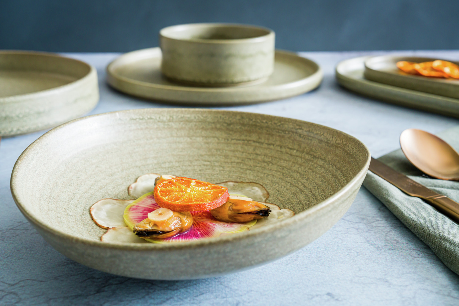 Bonna Mirage Ripple Stacking Bowl MRGRPL18JO, Vitrified Porcelain, Reactive Glaze, Green, 18.5 cm, 1020 ml, Set of 6