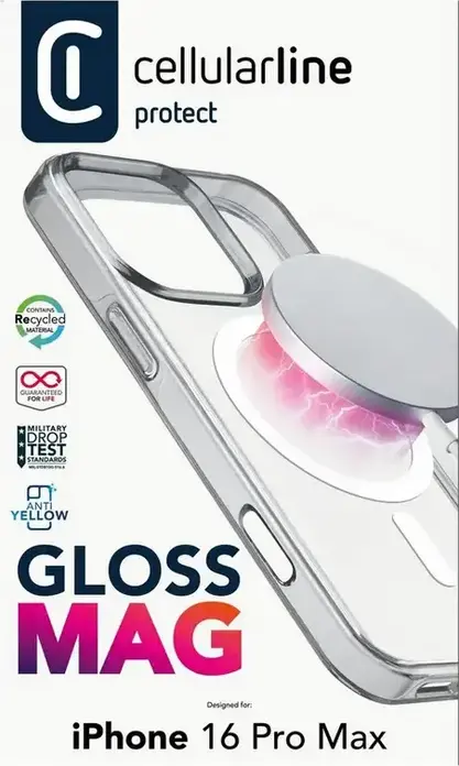 Cellularline Gloss Mag Case for iPhone 16 Pro Max, Transparent Polycarbonate, MagSafe Compatible, Anti-Yellowing, Military Grade Drop Protection