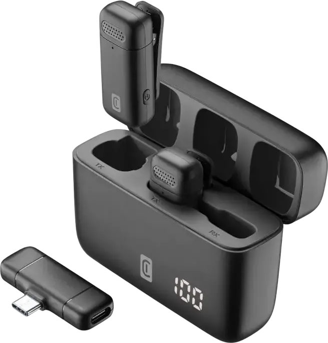 Set de 2 Microfoane Lavalier Wireless Cellularline Talk Pro cu Receptor USB-C, Etui de Incarcare cu Afisaj Digital, Baterie 6h, Negru