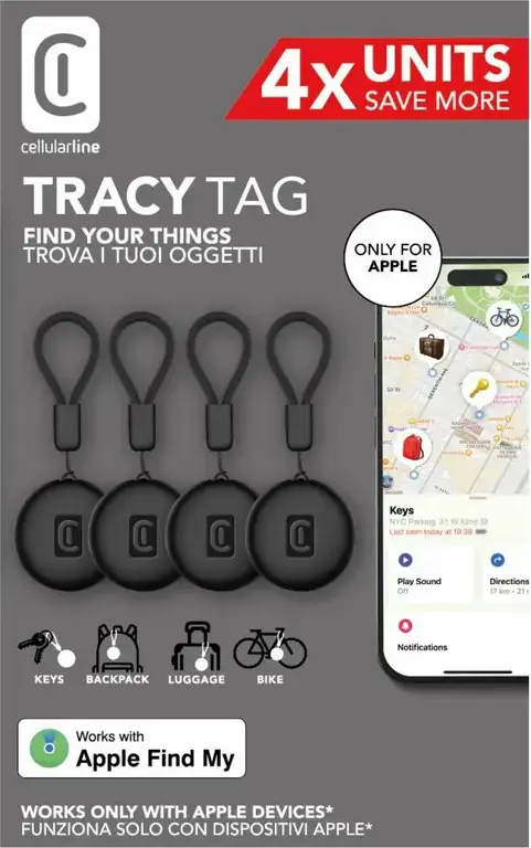 Cellularline Tracy Tag Smart Tracker Finder de Obiecte, Compatibil Apple Find My, Rezistenta apa IP67, Negru, Set de 2 piese