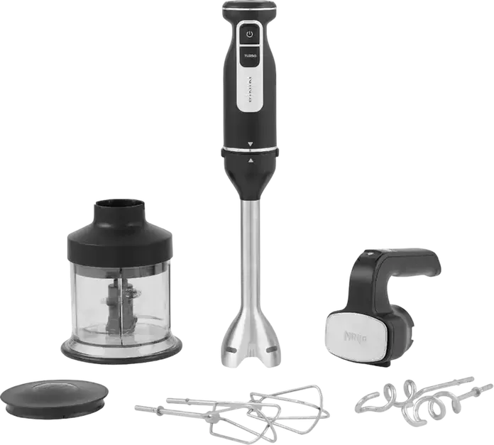 Set Blender de mana Ninja CI100EU cu 7 piese, 850W, Otel Inoxidabil, Bol tocator 0.7L, Mod Turbo, cu Mixer, 2 teluri, 2 carlige aluat si Capac, Negru
