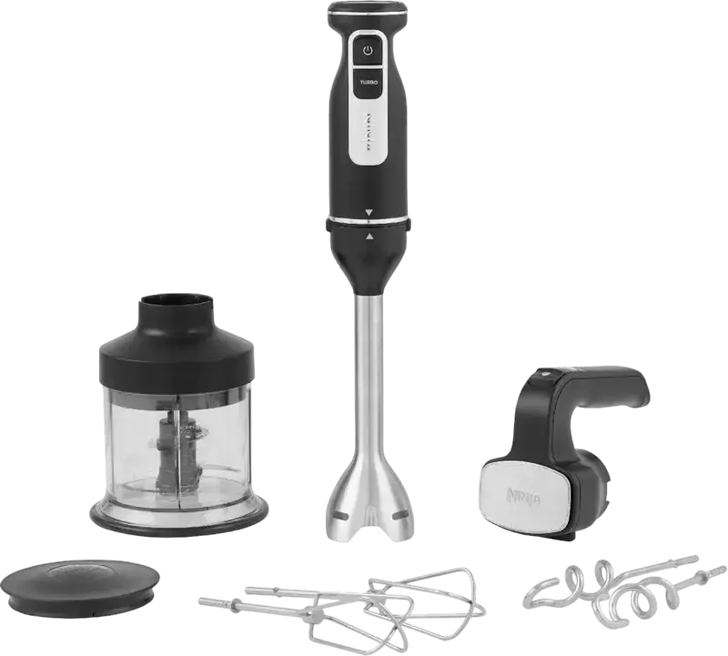 Set Blender de mana Ninja CI100EU cu 7 piese, 850W, Otel Inoxidabil, Bol tocator 0.7L, Mod Turbo, cu Mixer, 2 teluri, 2 carlige aluat si Capac, Negru
