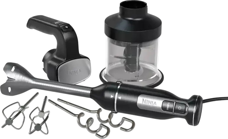 Set Blender de mana Ninja CI100EU cu 7 piese, 850W, Otel Inoxidabil, Bol tocator 0.7L, Mod Turbo, cu Mixer, 2 teluri, 2 carlige aluat si Capac, Negru