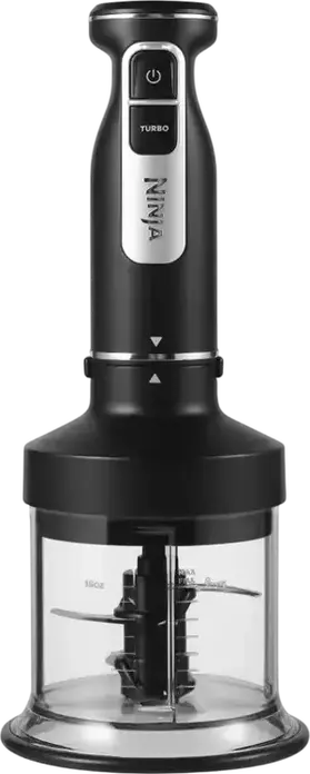Set Blender de mana Ninja CI100EU cu 7 piese, 850W, Otel Inoxidabil, Bol tocator 0.7L, Mod Turbo, cu Mixer, 2 teluri, 2 carlige aluat si Capac, Negru