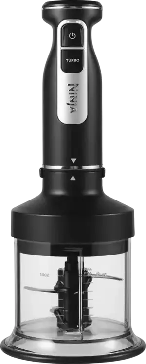 Set Blender de mana Ninja CI100EU cu 7 piese, 850W, Otel Inoxidabil, Bol tocator 0.7L, Mod Turbo, cu Mixer, 2 teluri, 2 carlige aluat si Capac, Negru