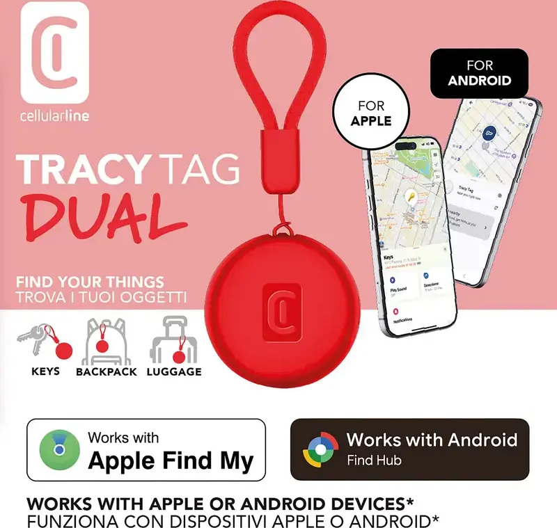 Tracker Inteligent Cellularline Tracy Tag Dual, Rezistenta IP67, Compatibil cu Apple Find My si Android Find Hub, Rosu, Baterie CR2032