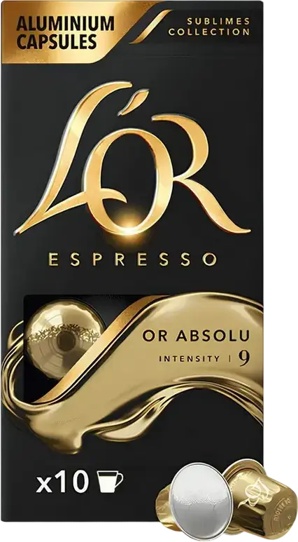 L'OR Espresso Or Absolu Coffee Capsules, 100% Arabica, Intensity 9, Nespresso Compatible Aluminium Pods, Sublimes Collection, Set of 10