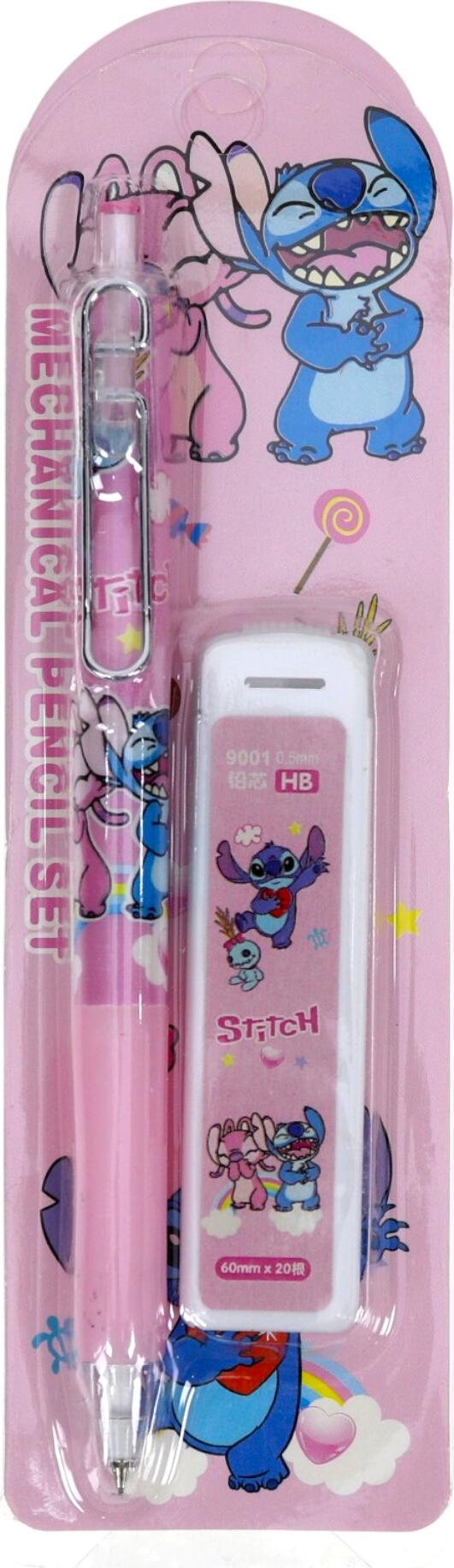 Set Creion Mecanic Disney Stitch 9001, Mina 0.5 mm HB, Roz, Set de 2 Piese incluzând 1 Creion și 20 de Mine