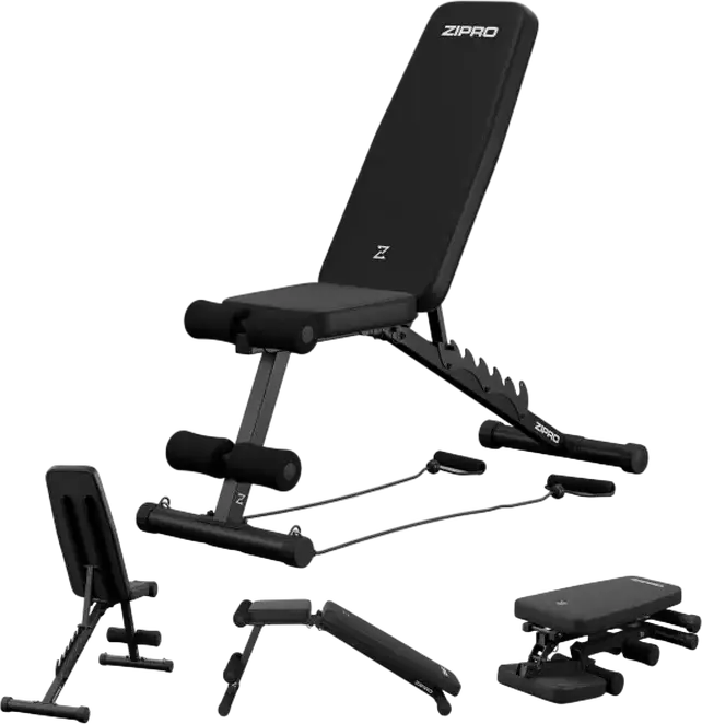 Banca pentru musculatie Zipro Tempo, banca cu spatar reglabil pentru antrenament, cadru din otel, padded rezistent la apa, role pentru picioare, benzi de rezistenta, negru