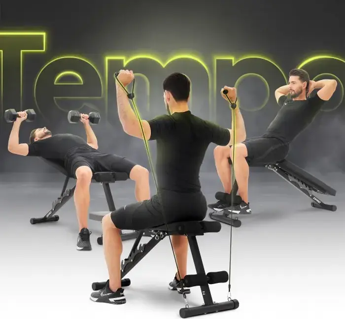 Banca pentru musculatie Zipro Tempo, banca cu spatar reglabil pentru antrenament, cadru din otel, padded rezistent la apa, role pentru picioare, benzi de rezistenta, negru