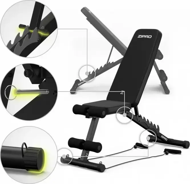 Banca pentru musculatie Zipro Tempo, banca cu spatar reglabil pentru antrenament, cadru din otel, padded rezistent la apa, role pentru picioare, benzi de rezistenta, negru