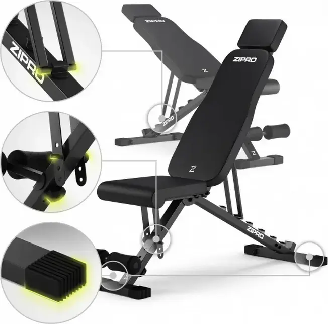 Banca pentru musculatie Zipro Grind reglabila, pozitii incline flat decline, capacitate 300 kg, cu role pentru picioare si suport de cap, Neagra
