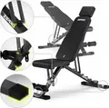 Banca pentru musculatie Zipro Grind reglabila, pozitii incline flat decline, capacitate 300 kg, cu role pentru picioare si suport de cap, Neagra