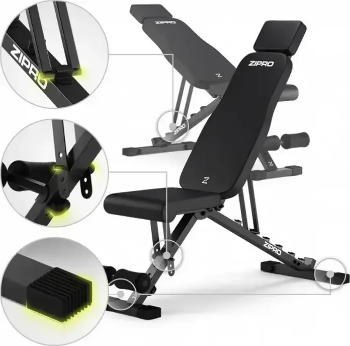 Banca pentru musculatie Zipro Grind reglabila, pozitii incline flat decline, capacitate 300 kg, cu role pentru picioare si suport de cap, Neagra