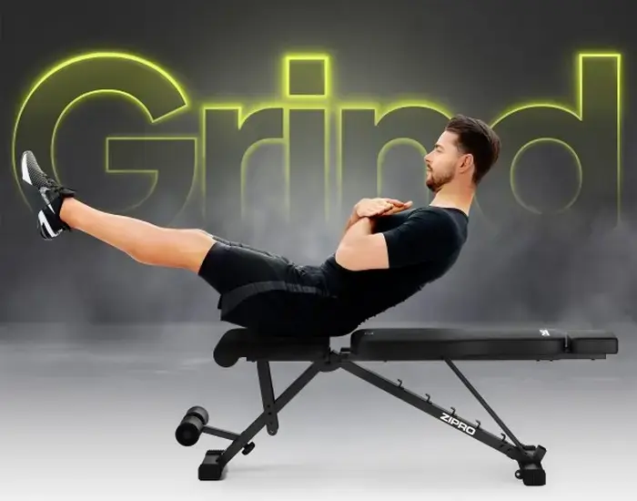 Banca pentru musculatie Zipro Grind reglabila, pozitii incline flat decline, capacitate 300 kg, cu role pentru picioare si suport de cap, Neagra
