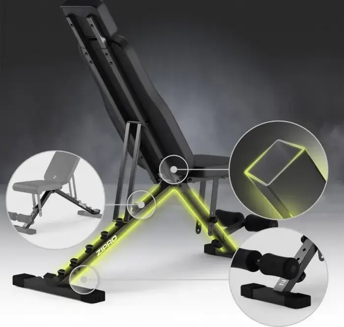 Banca pentru musculatie Zipro Grind reglabila, pozitii incline flat decline, capacitate 300 kg, cu role pentru picioare si suport de cap, Neagra