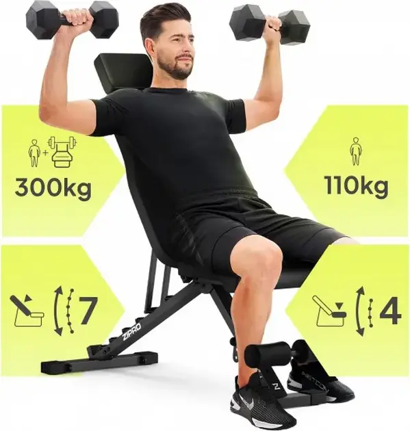 Banca pentru musculatie Zipro Grind reglabila, pozitii incline flat decline, capacitate 300 kg, cu role pentru picioare si suport de cap, Neagra