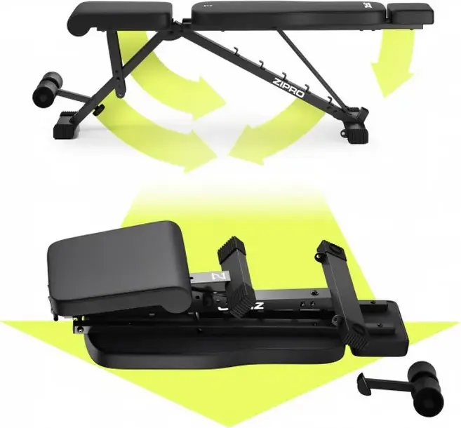 Banca pentru musculatie Zipro Grind reglabila, pozitii incline flat decline, capacitate 300 kg, cu role pentru picioare si suport de cap, Neagra