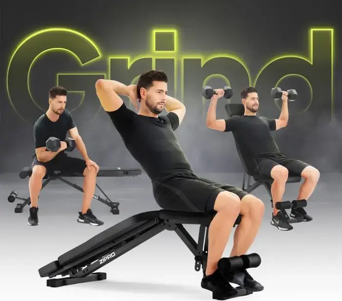 Banca pentru musculatie Zipro Grind reglabila, pozitii incline flat decline, capacitate 300 kg, cu role pentru picioare si suport de cap, Neagra
