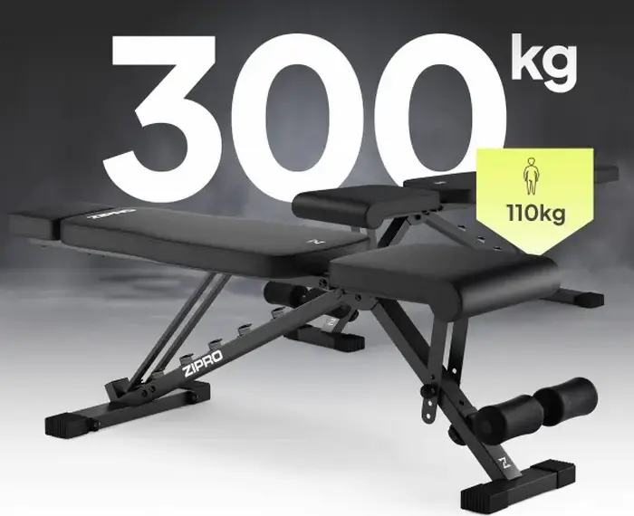 Banca pentru musculatie Zipro Grind reglabila, pozitii incline flat decline, capacitate 300 kg, cu role pentru picioare si suport de cap, Neagra