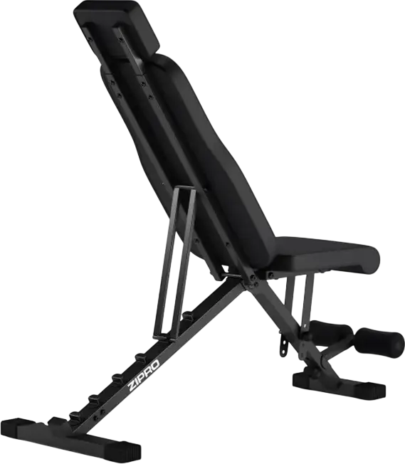 Banca pentru musculatie Zipro Grind reglabila, pozitii incline flat decline, capacitate 300 kg, cu role pentru picioare si suport de cap, Neagra