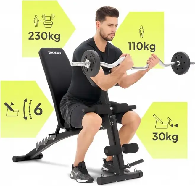 Zipro Volume Foldable Weight Bench, Multifunctional Training Bench with Leg Developer, Preacher Curl Pad, 6-Position Backrest, 230kg Max Load, Black