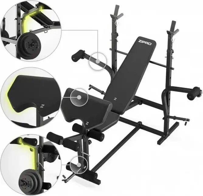 Zipro Ripped Multi-functional Weight Bench with Adjustable Backrest, Barbell Rack, Preacher Curl Pad and Leg Developer, Steel Frame, Black