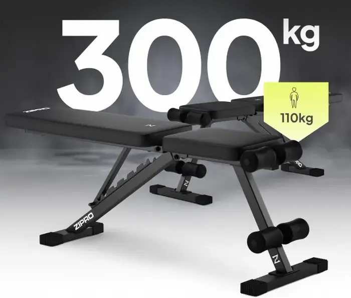 Zipro Stride Weight Bench, Adjustable Incline Decline Steel Frame, 300 kg Total Capacity, 110 kg Max User Weight, Foam Leg Support, Black
